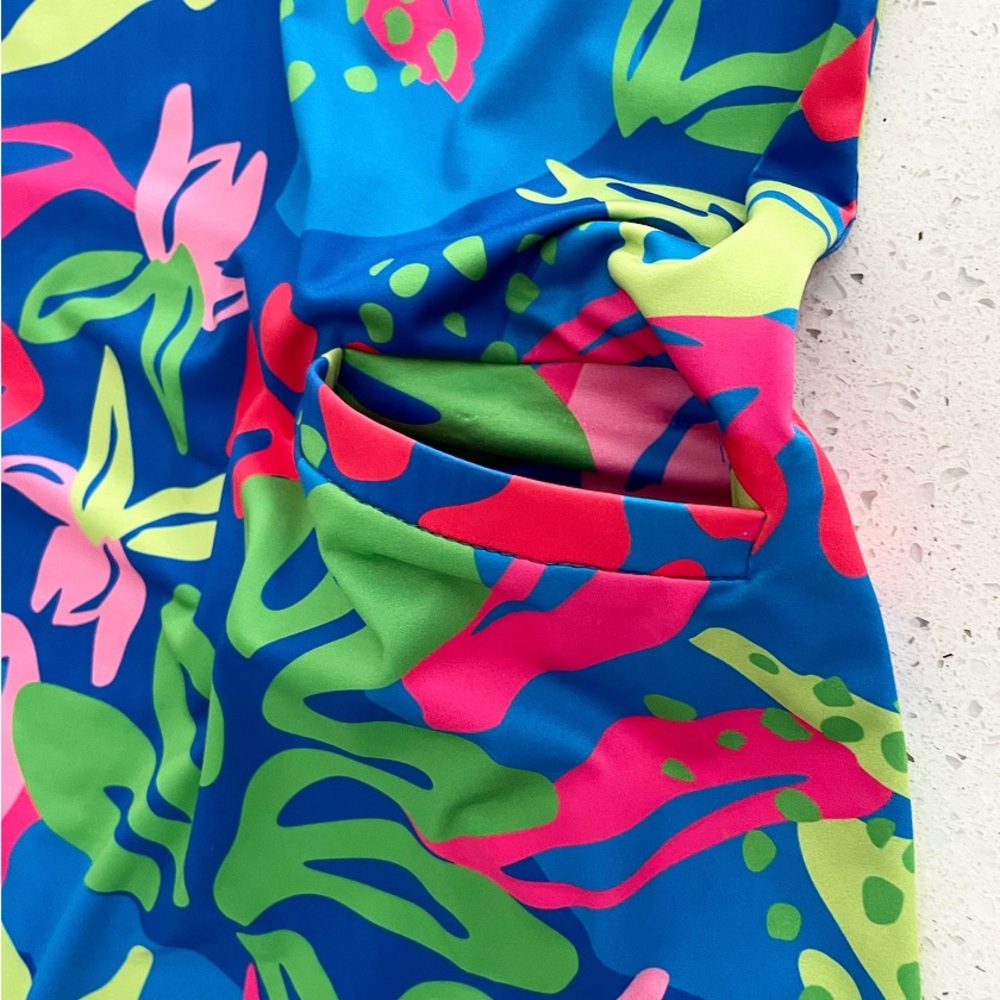 Katherine Way Blue Tropical Floral Shift Dress Size S Made USA - Picture 9 of 9